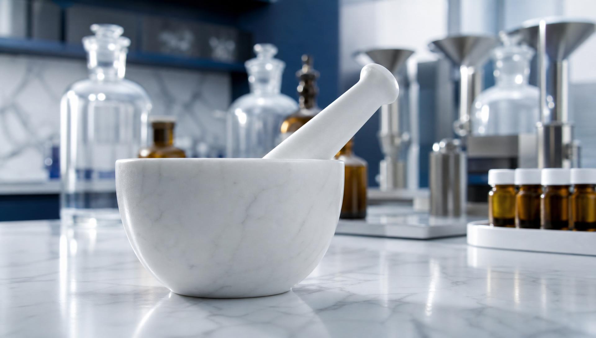 Marble mortar and pestle in the IDA Ford Drive Pharmacy compounding lab